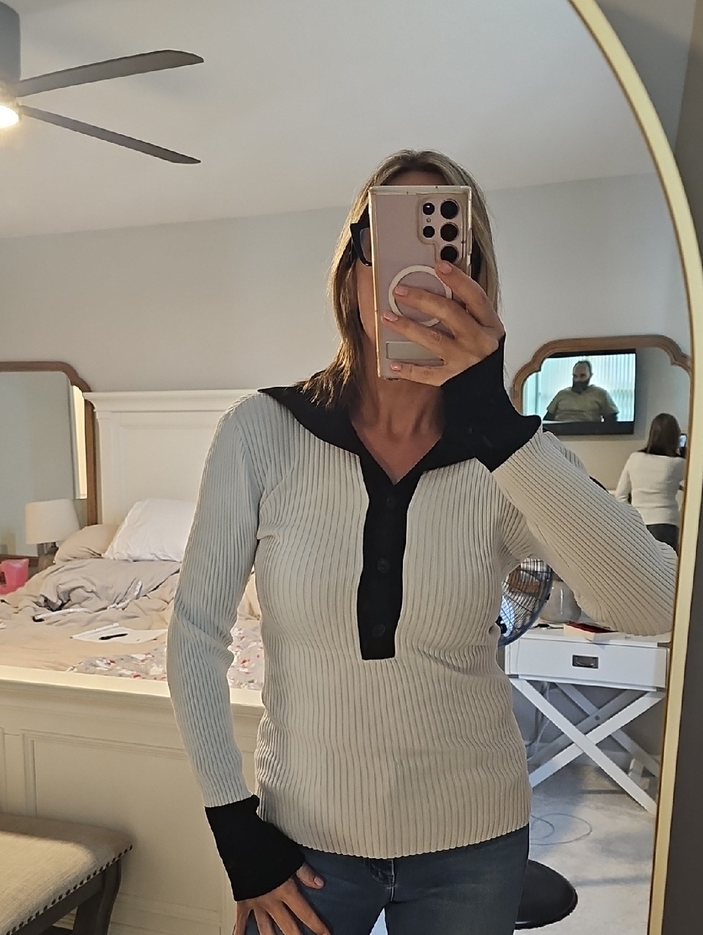 Reiss White and Black Ribbed Polo Sweater